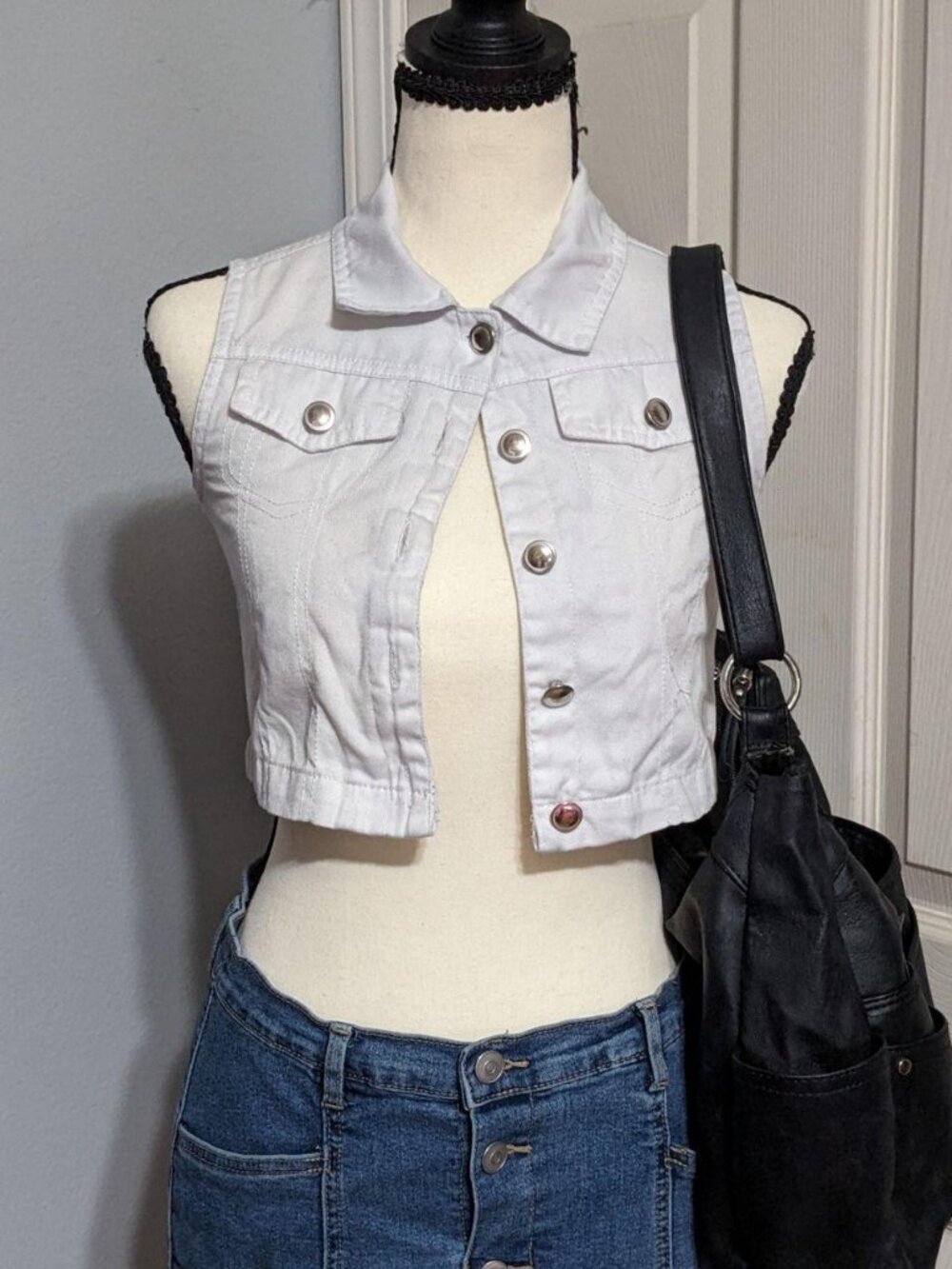 One Step Up Vintage Y2K White Cropped Denim Vest Size XXS / XS